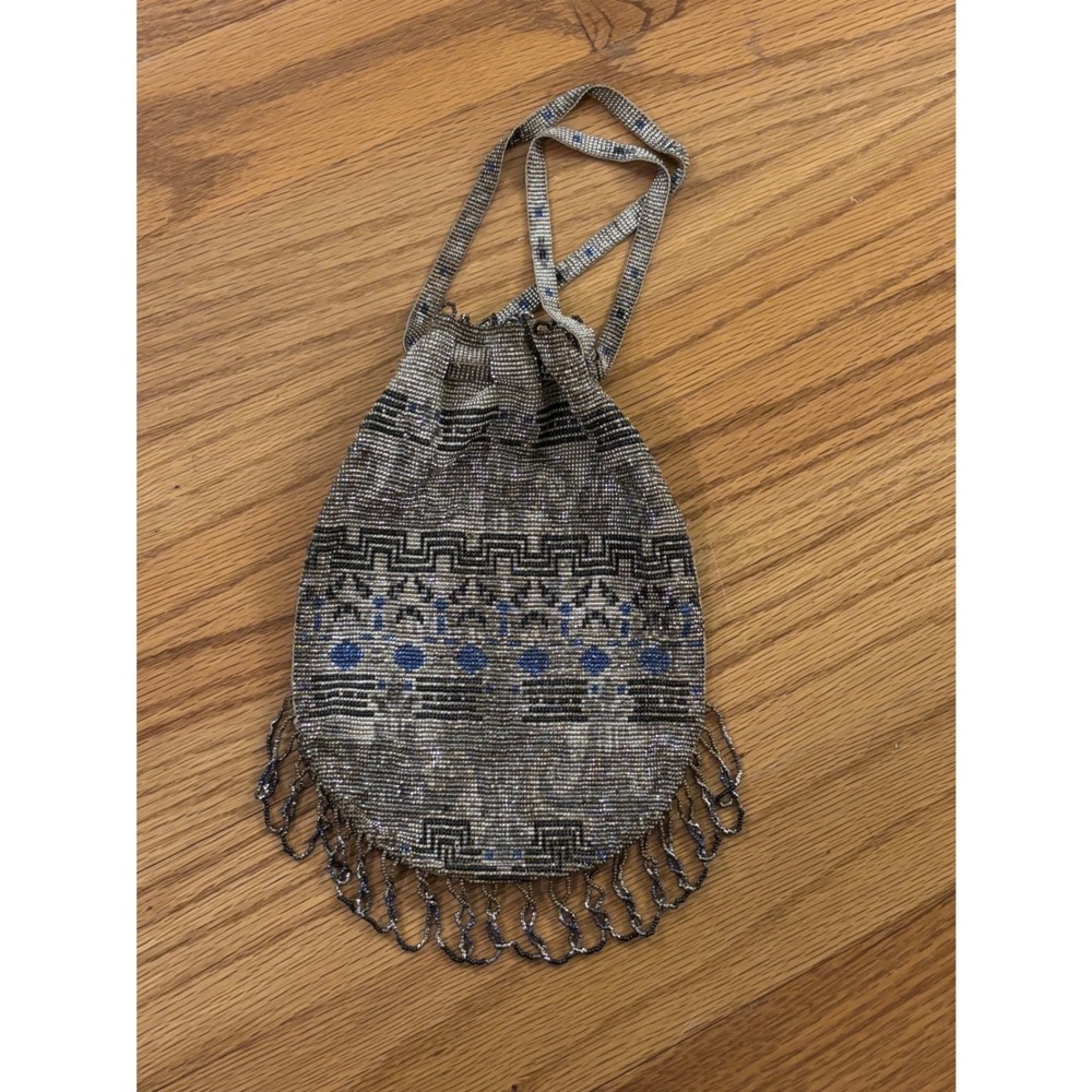 Antique Art Deco flapper Beaded Reticule Drawstring Bag Silver Blue 1920s era - Picture 2 of 8